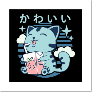 Kawaii Aesthetics Japanese Strawberry Milk Shake かわいい Cat - Blue - Strawberry Milk Posters and Art